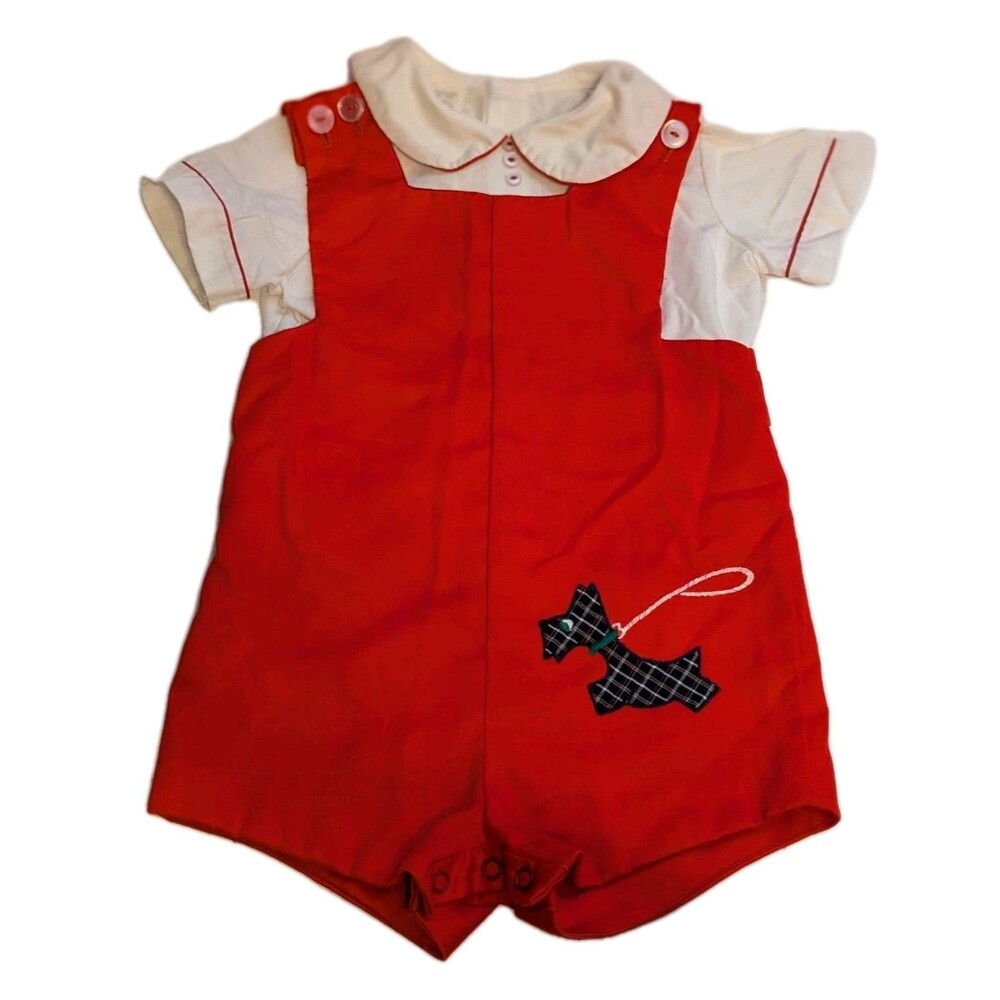 Vintage 2pcs White Collared Top & Red Overalls Outfit Scottie Dog Size 24 Months